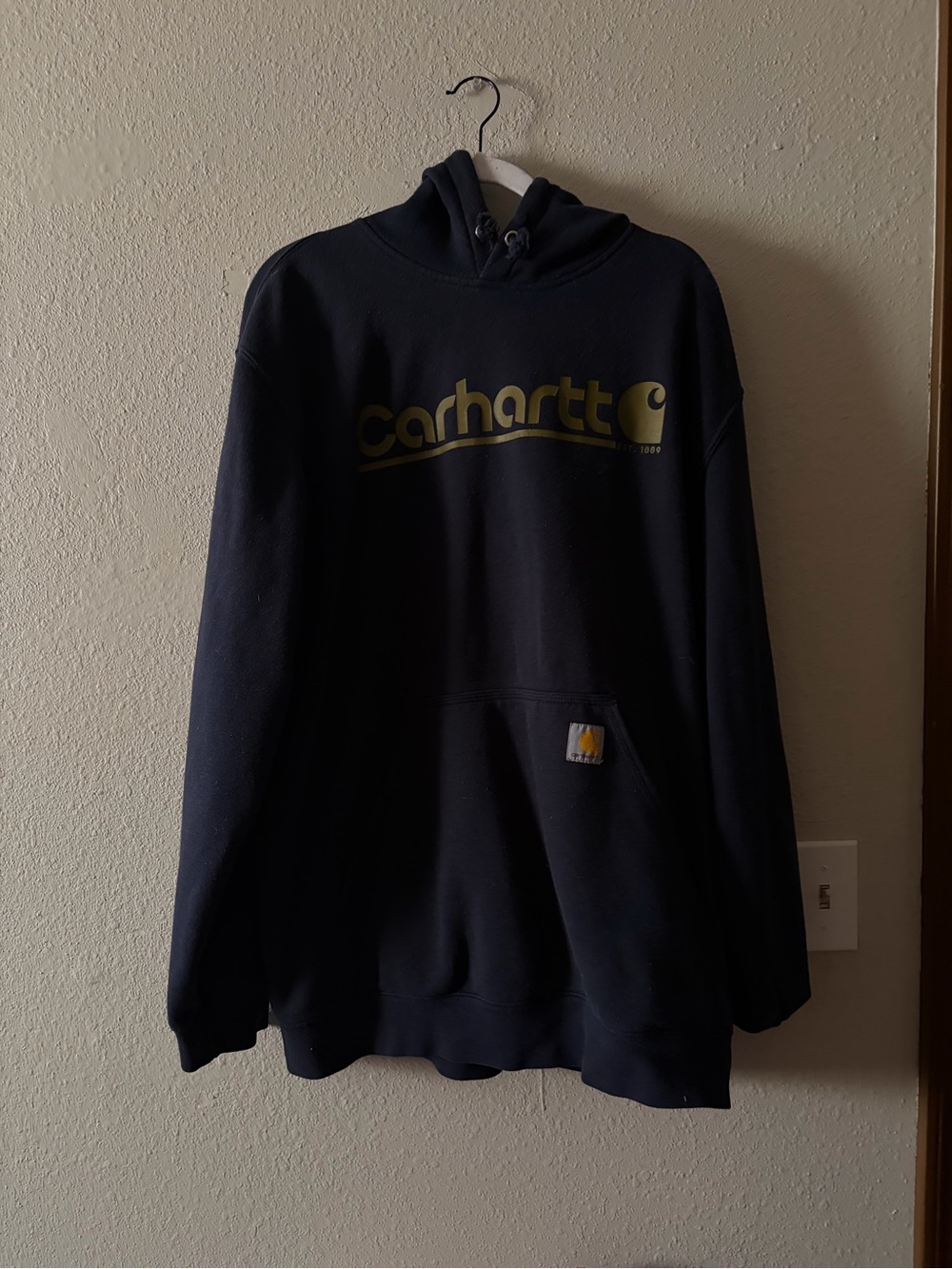 Carhartt Men's Navy Crewneck Hoodie with tan yellow Logo